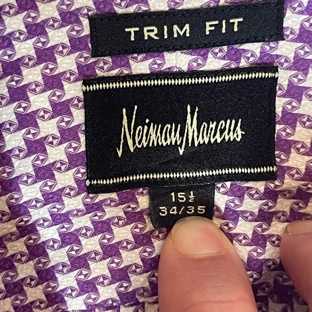 Neiman Marcus Mens Purple Spread Collard Houndstooth Trim Fit‎ Shirt 15.5 34/35